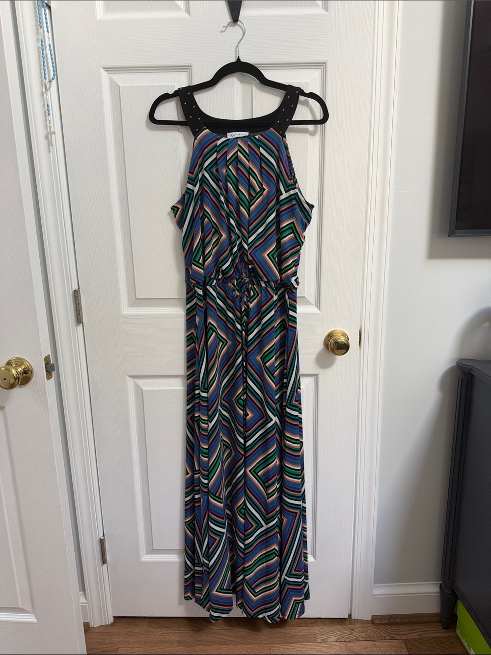 Calvin Klein Multicolor Geometric Maxi Dress with Studded Black Halter